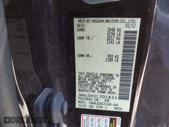 2012 Nissan Altima 2.5 S with VIN 1N4AL2EP1CC201833, listed as a IAAI auction lot 42108222 with 160,107 mi miles. Bid and sale history available at carsss.com. Image 9.