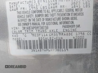 2017 Nissan Sentra SV with VIN 3N1AB7AP6HY380159, listed as a IAAI auction lot 42072355 with 123,770 mi miles and . Bid and sale history available at DreamBid. Image 9.