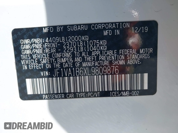2020 Subaru WRX Premium with VIN JF1VA1B6XL9809876, listed as a IAAI auction lot 41721642 with 52,224 mi miles. Bid and sale history available at carsss.com. Image 9.