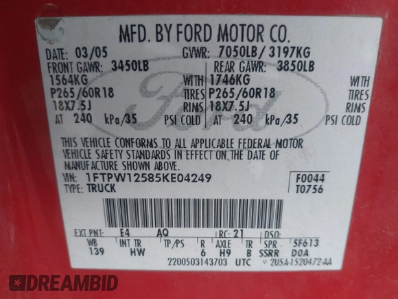 2005 Ford F-150 XLT with VIN 1FTPW12585KE04249, listed as a IAAI auction lot 41983950 with 212,289 mi miles. Bid and sale history available at carsss.com. Image 9.