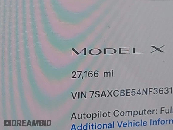 2022 Tesla Model X with VIN 7SAXCBE54NF363113, listed as a IAAI auction lot 41978397 with 27,166 mi miles. Bid and sale history available at carsss.com. Image 16.