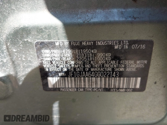 2016 Subaru Impreza z VIN JF1GJAA64GG022143, wystawiony jako IAAI lot #42013497 z przebiegiem 82 997 mil mil oraz . Historia ofert i sprzedaży dostępna na DreamBid. Obrazek 9.