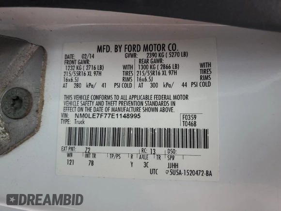 2014 Ford Transit Connect XLT с VIN NM0LE7F77E1148995, выставлен на аукционе Copart как лот 60619265 с пробегом 98 288 миль миль и Списание • Salvage title. История ставок и продаж доступна на DreamBid. Изображение 14.