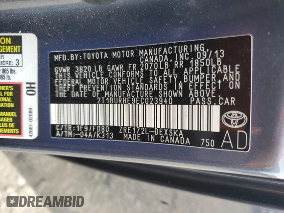 2014 Toyota Corolla L с VIN 2T1BURHE9EC023940, выставлен на аукционе Copart как лот 55325615 с пробегом 64 858 миль миль и Списание • Salvage title. История ставок и продаж доступна на DreamBid. Изображение 12.