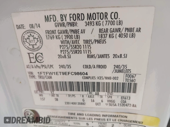 2014 Ford F-150 XL with VIN 1FTFW1ET9EFC98604, listed as a IAAI auction lot 42443369 with 294,642 mi miles and . Bid and sale history available at DreamBid. Image 9.