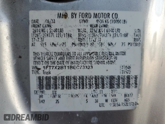 2011 Ford F-250 XL с VIN 1FT7X2BT1BEC73323, выставлен на аукционе Copart как лот 58980185 с пробегом 197 992 миль миль и Списание • Salvage title. История ставок и продаж доступна на DreamBid. Изображение 12.