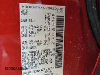 2022 Nissan Frontier Pro-4X z VIN 1N6ED1EK4NN672872, wystawiony jako Copart lot #42941345 z przebiegiem 17 044 mil mil oraz Szkoda całkowita • Salvage title. Historia ofert i sprzedaży dostępna na DreamBid. Obrazek 12.