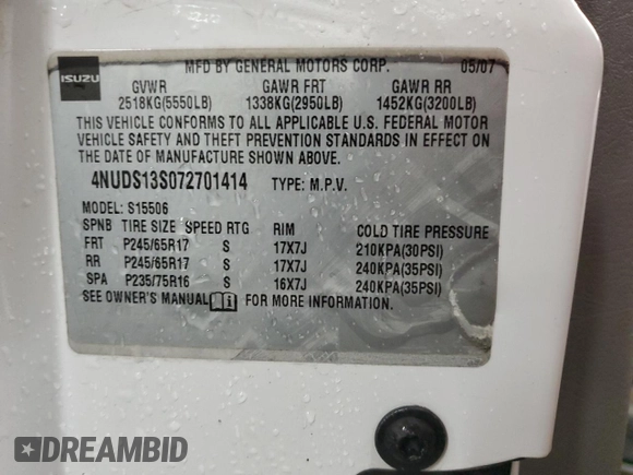 2007 Isuzu Ascender S z VIN 4NUDS13S072701414, wystawiony jako Copart lot #73328484 z przebiegiem 212 907 mil mil oraz Szkoda całkowita • Salvage title. Historia ofert i sprzedaży dostępna na DreamBid. Obrazek 14.