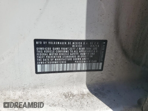 2017 Volkswagen GTI S с VIN 3VW547AU9HM012934, выставлен на аукционе Copart как лот 56158655 с пробегом 33 399 миль миль и Чистый • Clean title. История ставок и продаж доступна на DreamBid. Изображение 12.