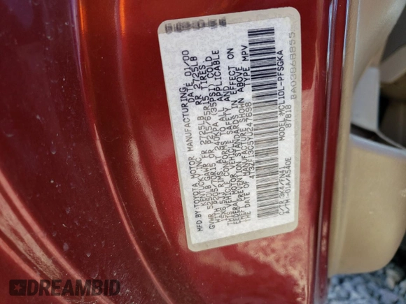 2000 Toyota Sienna LE z VIN 4T3ZF13C5YU247698, wystawiony jako Copart lot #53968755 z przebiegiem Nie podano mil oraz Szkoda całkowita • Salvage title. Historia ofert i sprzedaży dostępna na DreamBid. Obrazek 13.