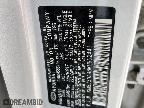 2019 Hyundai Tucson Value with VIN KM8J33A48KU962441, listed as a Copart auction lot 64451705 with 60,195 mi miles and Salvage title. Bid and sale history available at DreamBid. Image 13.