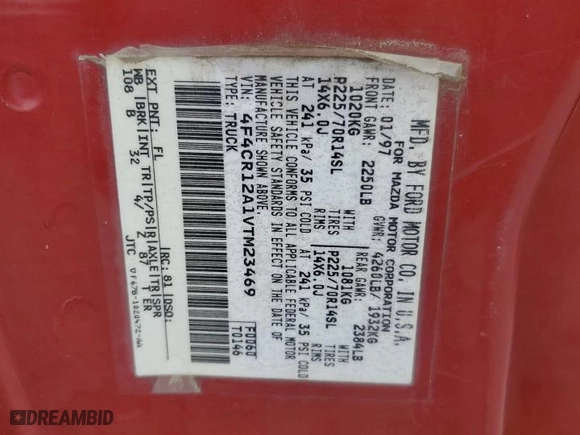 1997 Mazda B-Series 2WD Truck with VIN 4F4CR12A1VTM23469, listed as a Copart auction lot 63211114 with 148,272 mi miles and Salvage Title. Bid and sale history available at carsss.com. Image 14.
