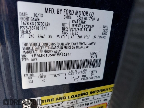 2014 Ford Expedition EL XLT with VIN 1FMJK1J50EEF15245, listed as a Copart auction lot 75695894 with 252,449 mi miles and Non Repairable. Bid and sale history available at carsss.com. Image 13.