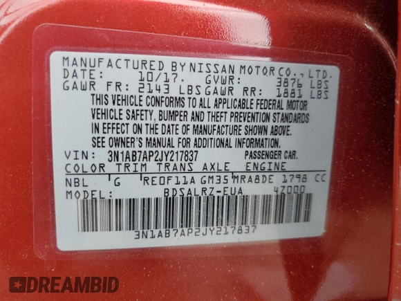 2018 Nissan Sentra S with VIN 3N1AB7AP2JY217837, listed as a Copart auction lot 48783465 with 0 mi miles and Salvage Title. Bid and sale history available at carsss.com. Image 13.