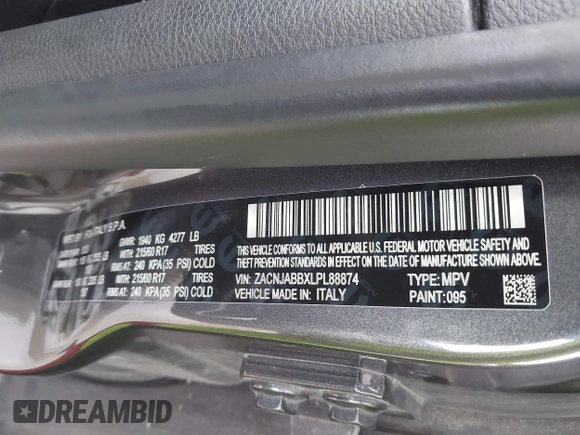 2020 Jeep Renegade Latitude with VIN ZACNJABBXLPL88874, listed as a IAAI auction lot 42490534 with Not provided miles and . Bid and sale history available at DreamBid. Image 9.