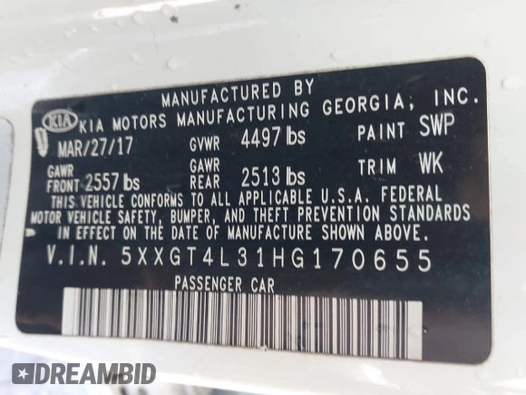 2017 Kia Optima LX with VIN 5XXGT4L31HG170655, listed as a IAAI auction lot 41850725 with 113,619 mi miles. Bid and sale history available at carsss.com. Image 9.
