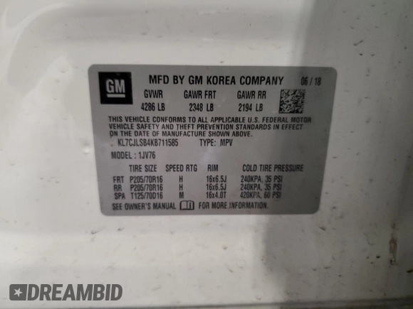 2019 Chevrolet Trax LT with VIN KL7CJLSB4KB711585, listed as a Copart auction lot 52622475 with Not Provided miles and Clean Title. Bid and sale history available at carsss.com. Image 15.