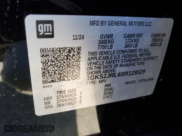 2025 GMC Yukon XL Denali with VIN 1GKS2JRL6SR129529, listed as a Copart auction lot 45733705 with 462 mi miles and Non Repairable. Bid and sale history available at carsss.com. Image 15.