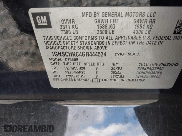 2016 Chevrolet Suburban LT with VIN 1GNSCHKC4GR444534, listed as a IAAI auction lot 41554353 with 131,196 mi miles. Bid and sale history available at carsss.com. Image 9.