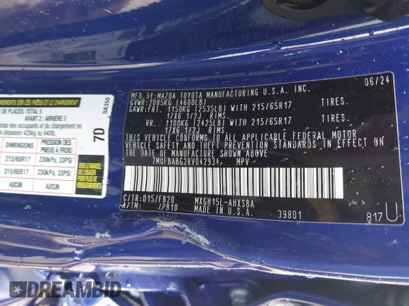 2024 Toyota Corolla Cross Hybrid S with VIN 7MUFBABG2RV042934, listed as a IAAI auction lot 42098911 with 7,613 mi miles and . Bid and sale history available at DreamBid. Image 9.