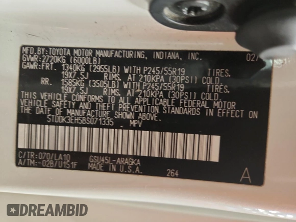 2011 Toyota Highlander Limited with VIN 5TDDK3EH5BS071335, listed as a Copart auction lot 59509395 with 195,068 mi miles and Salvage title. Bid and sale history available at DreamBid. Image 14.