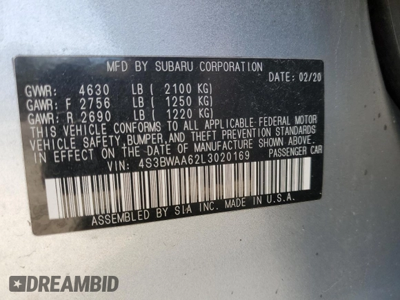 2020 Subaru Legacy with VIN 4S3BWAA62L3020169, listed as a Copart auction lot 52309545 with 115,220 mi miles and Salvage title. Bid and sale history available at DreamBid. Image 12.