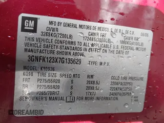 2007 Chevrolet Avalanche LTZ with VIN 3GNFK123X7G135629, listed as a IAAI auction lot 41348757 with 240,170 mi miles and . Bid and sale history available at DreamBid. Image 9.