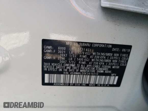 2019 Subaru Ascent Limited with VIN 4S4WMALD5K3416013, listed as a Copart auction lot 60728725 with 68,589 mi miles and Non repairable. Bid and sale history available at DreamBid. Image 14.
