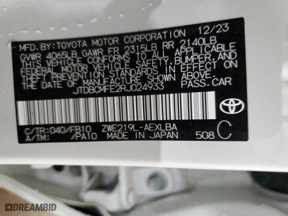 2024 Toyota Corolla Hybrid LE with VIN JTDBCMFE2RJ024933, listed as a Copart auction lot 52501045 with 19,674 mi miles and Clean Title. Bid and sale history available at carsss.com. Image 12.