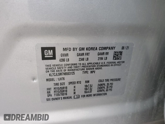2022 Chevrolet Trax LT with VIN KL7CJLSM7NB503125, listed as a Copart auction lot 44001865 with 12,464 mi miles and Salvage Title. Bid and sale history available at carsss.com. Image 12.