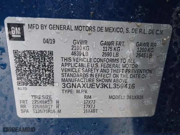 2019 Chevrolet Equinox LT with VIN 3GNAXUEV3KL359416, listed as a IAAI auction lot 41833545 with 59,163 mi miles. Bid and sale history available at carsss.com. Image 9.