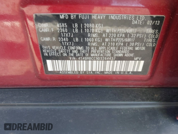 2013 Subaru Outback Premium with VIN 4S4BRBCC9D3284437, listed as a IAAI auction lot 42047750 with 154,636 mi miles and . Bid and sale history available at DreamBid. Image 9.