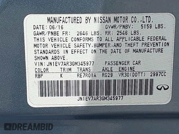 2016 Infiniti Q50 3.0t Premium with VIN JN1EV7AR3GM345977, listed as a IAAI auction lot 42093709 with 85,405 mi miles. Bid and sale history available at carsss.com. Image 9.