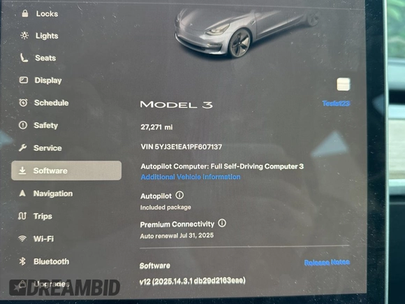 2023 Tesla Model 3 with VIN 5YJ3E1EA1PF607137, listed as a Copart auction lot 62613375 with 27,271 mi miles and Clean title. Bid and sale history available at DreamBid. Image 8.