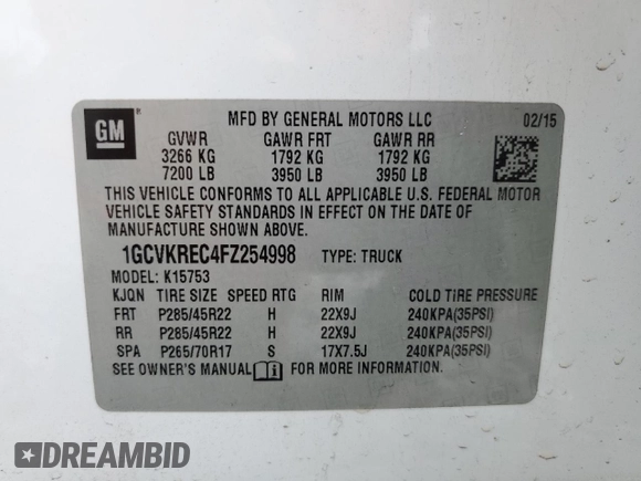 2015 Chevrolet Silverado 1500 LT with VIN 1GCVKREC4FZ254998, listed as a Copart auction lot 55126235 with 213,911 mi miles and Salvage Title. Bid and sale history available at DreamBid. Image 12.