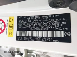 2019 Lexus ES 350 with VIN 58ABZ1B15KU032601, listed as a IAAI auction lot 42334337 with 82,599 mi miles and . Bid and sale history available at DreamBid. Image 9.
