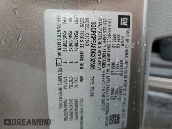 2013 Chevrolet Silverado 1500 with VIN 3GCPCPEA8DG232556, listed as a Copart auction lot 55584735 with 185,874 mi miles and Salvage Title. Bid and sale history available at DreamBid. Image 12.
