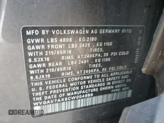 2012 Volkswagen Tiguan SE z VIN WVGAV7AX5CW004889, wystawiony jako Copart lot #57346115 z przebiegiem 100 503 mil mil oraz Szkoda całkowita • Salvage title. Historia ofert i sprzedaży dostępna na DreamBid. Obrazek 13.