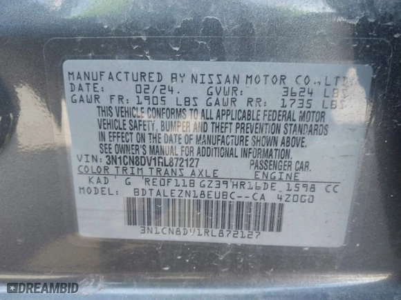 2024 Nissan Versa S with VIN 3N1CN8DV1RL872127, listed as a IAAI auction lot 41653082 with 7,488 mi miles. Bid and sale history available at carsss.com. Image 9.