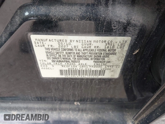 2010 Nissan Sentra S with VIN 3N1AB6AP8AL702572, listed as a IAAI auction lot 42605666 with 134,147 mi miles and . Bid and sale history available at DreamBid. Image 9.