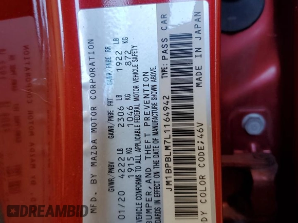 2020 Mazda 3 with VIN JM1BPBLM7L1164942, listed as a Copart auction lot 76244704 with 43,749 mi miles and Salvage title. Bid and sale history available at DreamBid. Image 12.