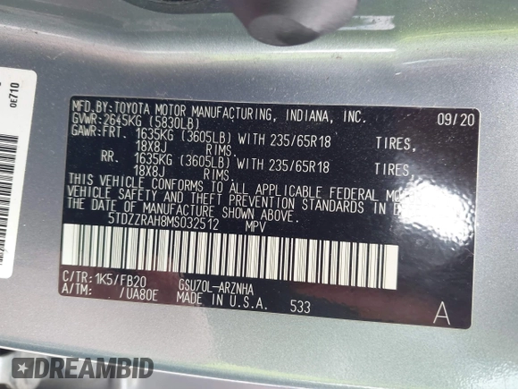 2021 Toyota Highlander L with VIN 5TDZZRAH8MS032512, listed as a IAAI auction lot 42364573 with 73,004 mi miles and . Bid and sale history available at DreamBid. Image 9.
