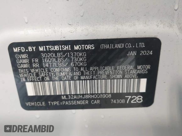 2024 Mitsubishi Mirage ES z VIN ML32AUHJ8RH008908, wystawiony jako IAAI lot #41373851 z przebiegiem 7 179 mil mil oraz . Historia ofert i sprzedaży dostępna na DreamBid. Obrazek 9.