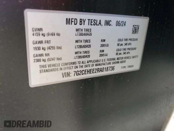 2024 Tesla Cybertruck Cyberbeast z VIN 7G2CEHEE2RA018736, wystawiony jako Copart lot #78482884 z przebiegiem 2 482 mil mil oraz Szkoda całkowita • Salvage title. Historia ofert i sprzedaży dostępna na DreamBid. Obrazek 14.