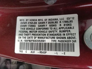 2012 Honda Civic EX with VIN 19XFB2F83CE053591, listed as a Copart auction lot 50392235 with 137,410 mi miles and Salvage Title. Bid and sale history available at DreamBid. Image 14.