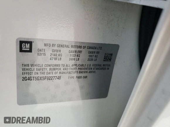 2015 Buick Regal GS with VIN 2G4GT5GX5F9227748, listed as a Copart auction lot 75596174 with 18,204 mi miles and Salvage Title. Bid and sale history available at DreamBid. Image 13.