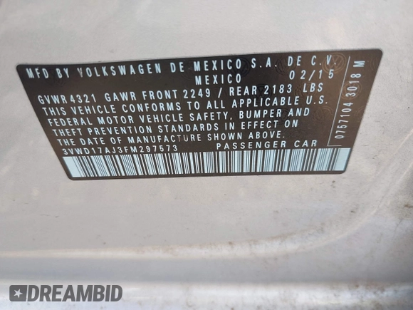2015 Volkswagen Jetta Sedan 1.8T SE with VIN 3VWD17AJ3FM297573, listed as a IAAI auction lot 41884541 with 98,225 mi miles. Bid and sale history available at carsss.com. Image 9.