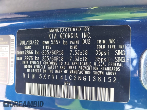 2022 Kia Sorento S with VIN 5XYRL4LC2NG138152, listed as a IAAI auction lot 42055032 with 53,298 mi miles and . Bid and sale history available at DreamBid. Image 9.