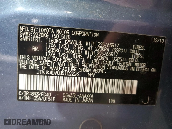 2011 Toyota RAV4 with VIN JTMJK4DV0B5102223, listed as a Copart auction lot 42000465 with 220,561 mi miles and Salvage Title. Bid and sale history available at carsss.com. Image 13.