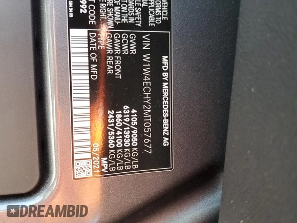 2021 Mercedes-Benz Sprinter Cargo with VIN W1W4ECHY2MT057677, listed as a Copart auction lot 70552843 with 52,530 mi miles and . Bid and sale history available at carsss.com. Image 13.